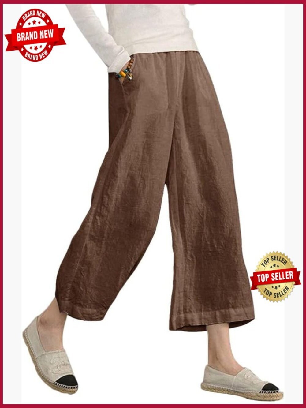 Linen Cropped Pants Loose Casual Capri Cotton Wide Leg Plus Size Elastic Waist